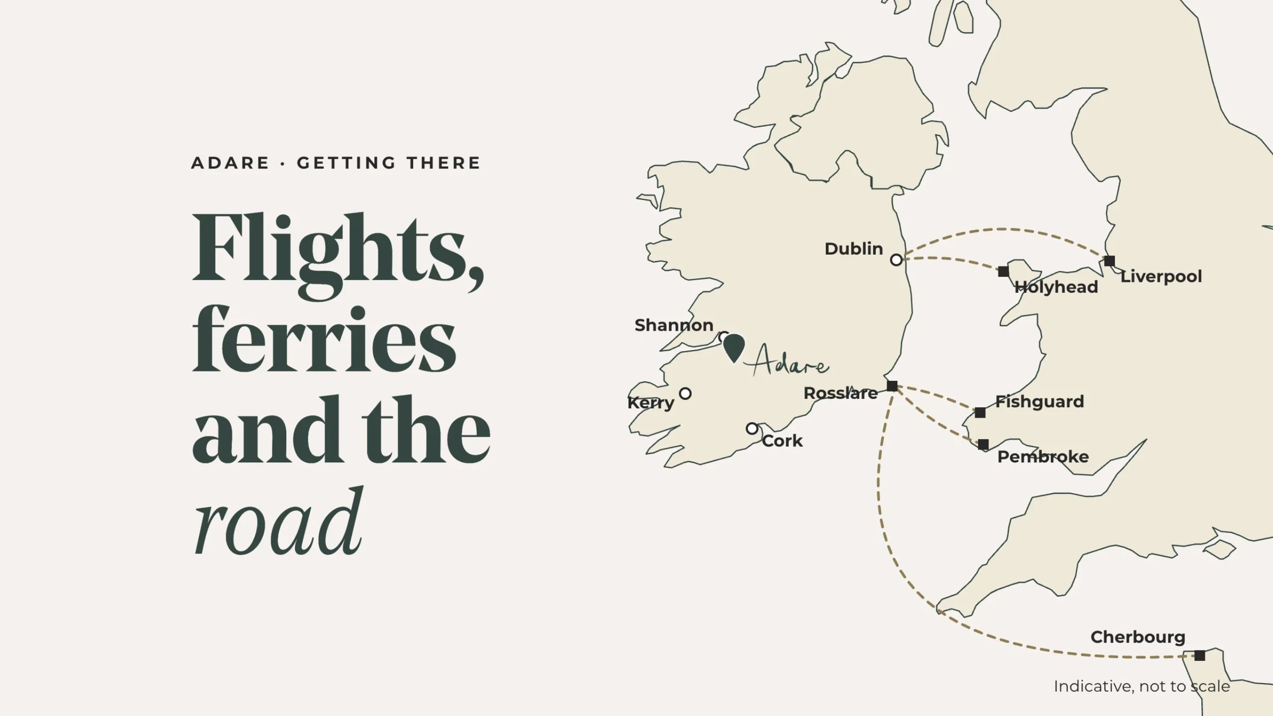 Map showing airports and ferry routes for getting to Adare, County Limerick
