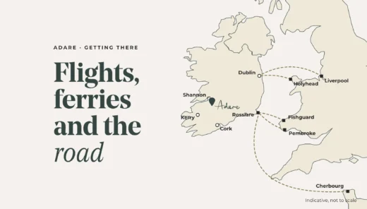 Map showing airports and ferry routes for getting to Adare, County Limerick