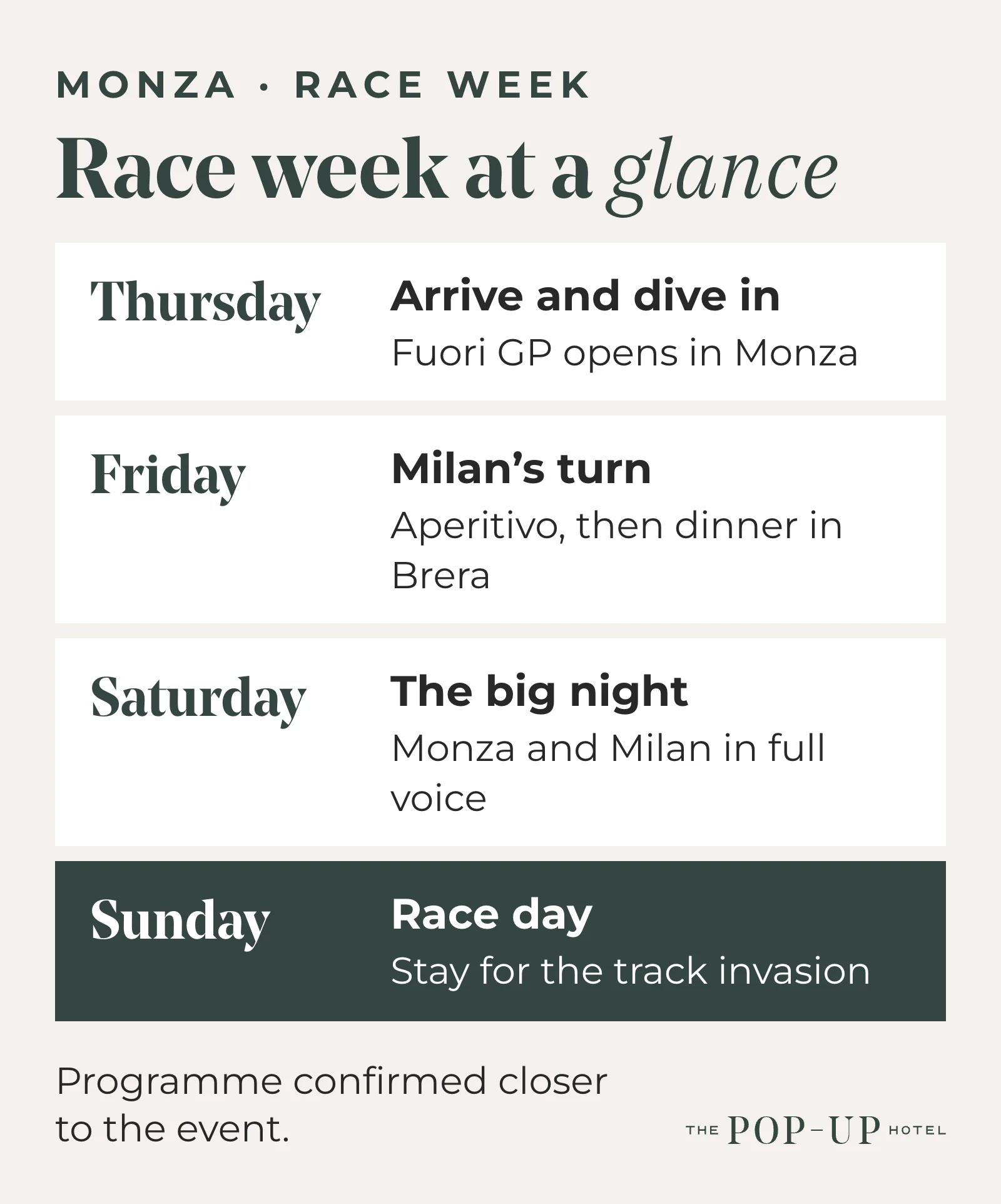 Day by day guide to Italian Grand Prix race week in Monza and Milan